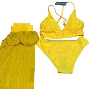 Aolro bikini swimsuit 3piece maxi skirt sheer yellow Small NWT